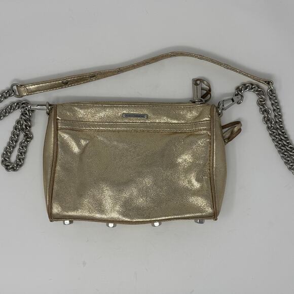 Rebecca Minkoff Mini MAC Metallic Gold Leather Crossbody Bag Silver Chain Strap - Picture 2 of 7